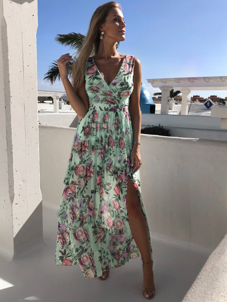 Summer Women Print V Neck Split Maxi Dress Floral Spaghetti Strap Elegant Party Chiffon Elegant Casual Beach Dresses Female