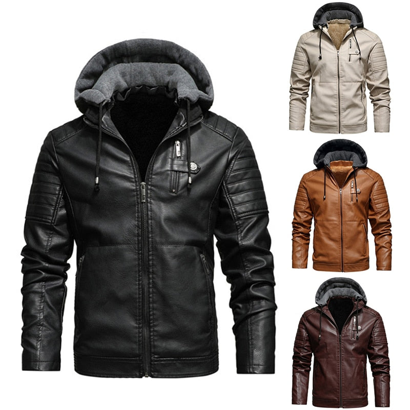 Men's Fleece Liner PU Leather Jackets Coats With Hood Autumn Winter Casual Motorcycle Jacket For Men Windbreaker Biker Jackets