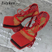 Eilyken 2023 New Sexy Mesh Pumps Sandals Female Square Toe High Heel Lace Up Cross-Tied Stiletto Hollow Dress Shoes