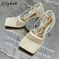 Eilyken Green Yellow Crystal Women Pumps Square Toe Fishnet Hollow Ankle Cross-Tied High Heel Rhinestone Sandals Lady Dress Shoe