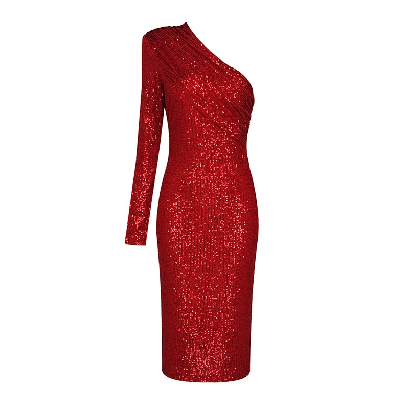 VC Free Shipping Sexy One Shoulder Dress Women Sparkle Glitzy Sequins Dress Mesh Patchwork Celebrity Christmas Party Vestidos