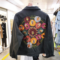 JSXDHK Streetwear Floral Embroidery Denim Jacket Coat Vintage Women Spring Autumn Turn Down Collar Loose Casual Cowboy Outwear