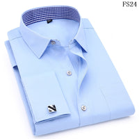 Men French Cufflinks Shirts White Collar Design Solid Color Jacquard Fabric Male Gentleman Dress Long Sleeves Shirt