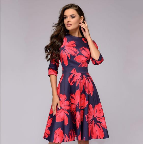 Women Sexy Retro Tunic 3/4 Long Sleeved Floral Print Bodycon Dresses