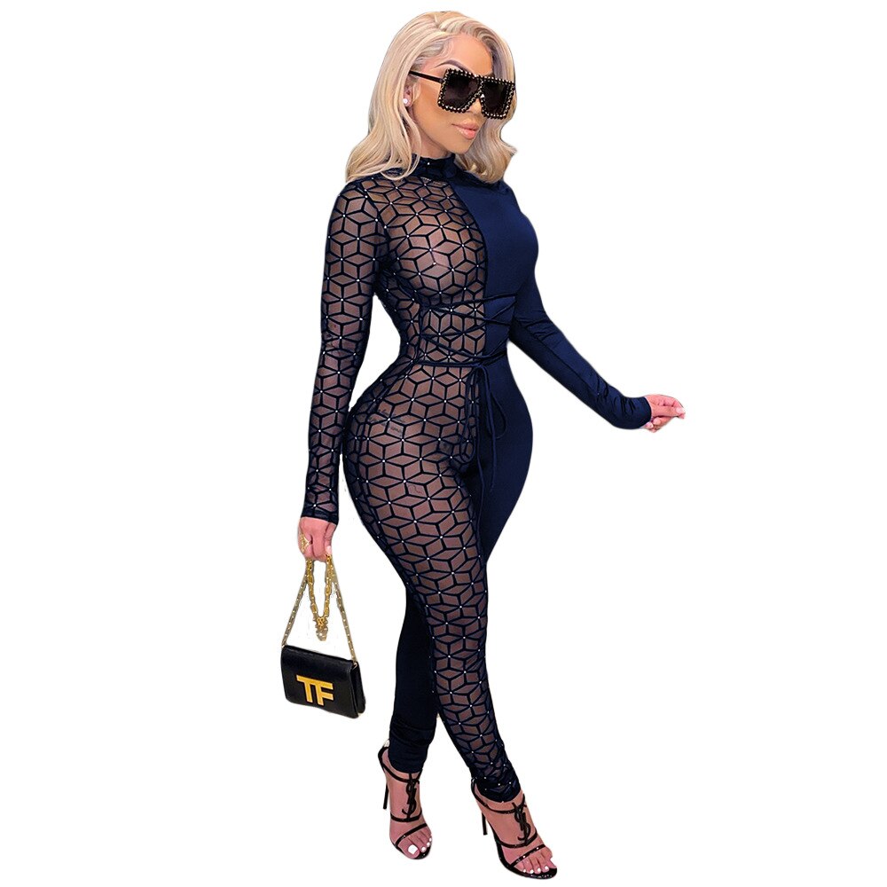 Sheer Mesh Patchwork Women Sexy Lace Up Jumpsuit Turtleneck Long Sleeve One Piece Overall Night Club Party Romper