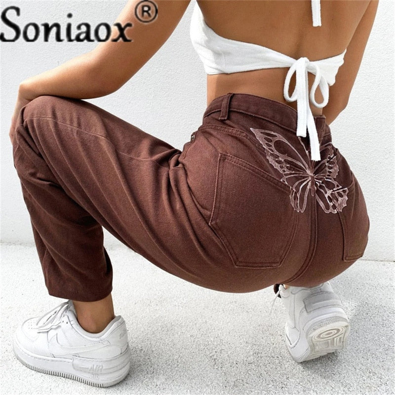 Fashion Butterfly Print Women's Denim Pants Ladies Sexy High Waist Print Wide Leg Jeans 2021 Women Streetwear Straight Leg Jeans