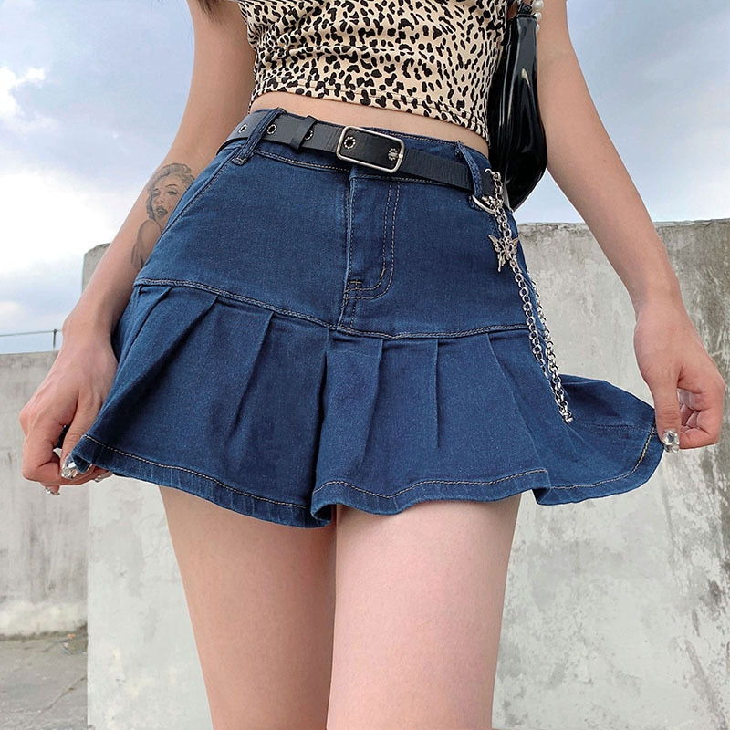 Sexy y2k Pink Denim Pleated Skirts Mini Solid Casual Woman Fashion Korean Style High Waist Skirt