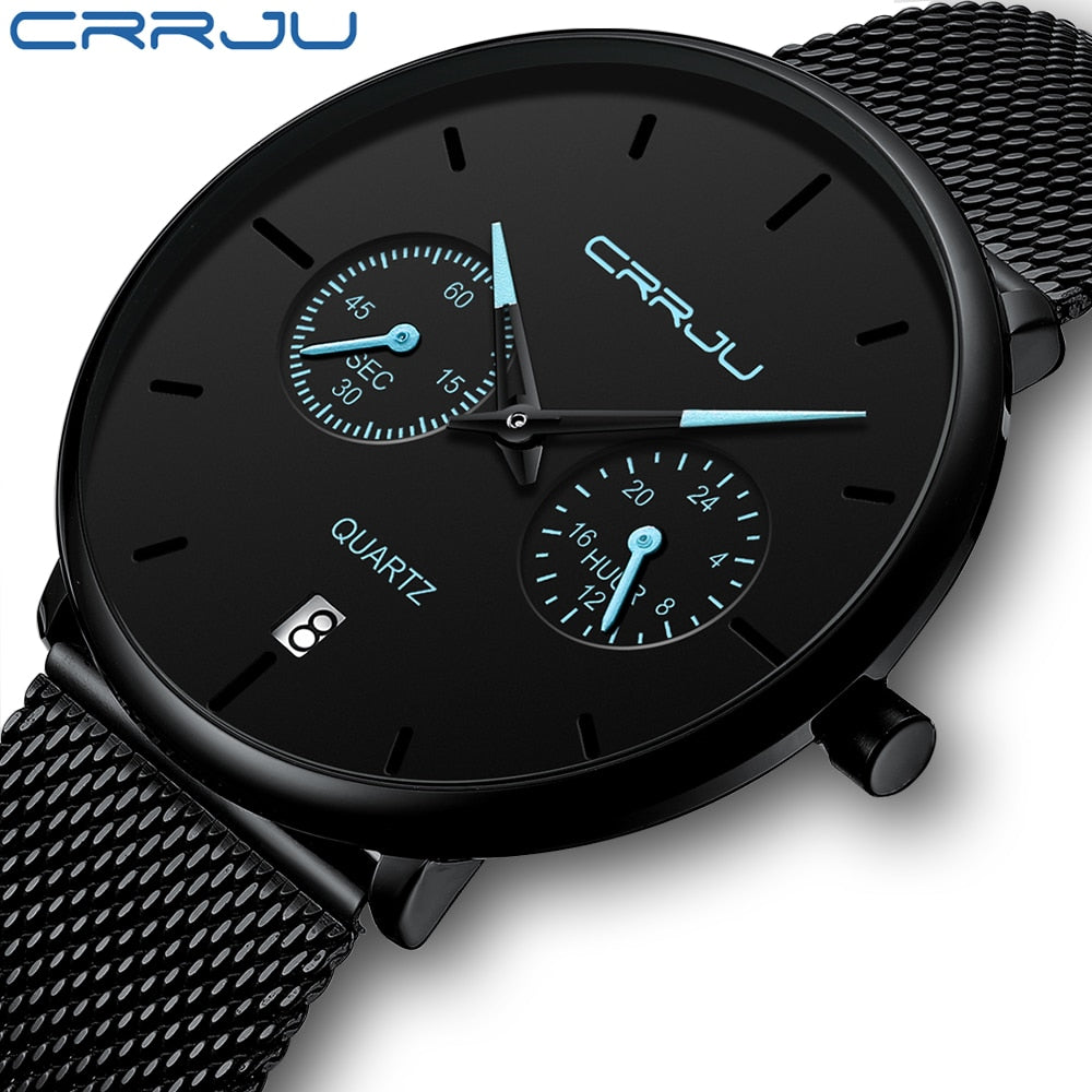 Mens Watches CRRJU Full Steel Casual Waterproof Watch for Man Sport Quartz Watch Men&#39;s Dress Calendar Watch Relogio Masculino