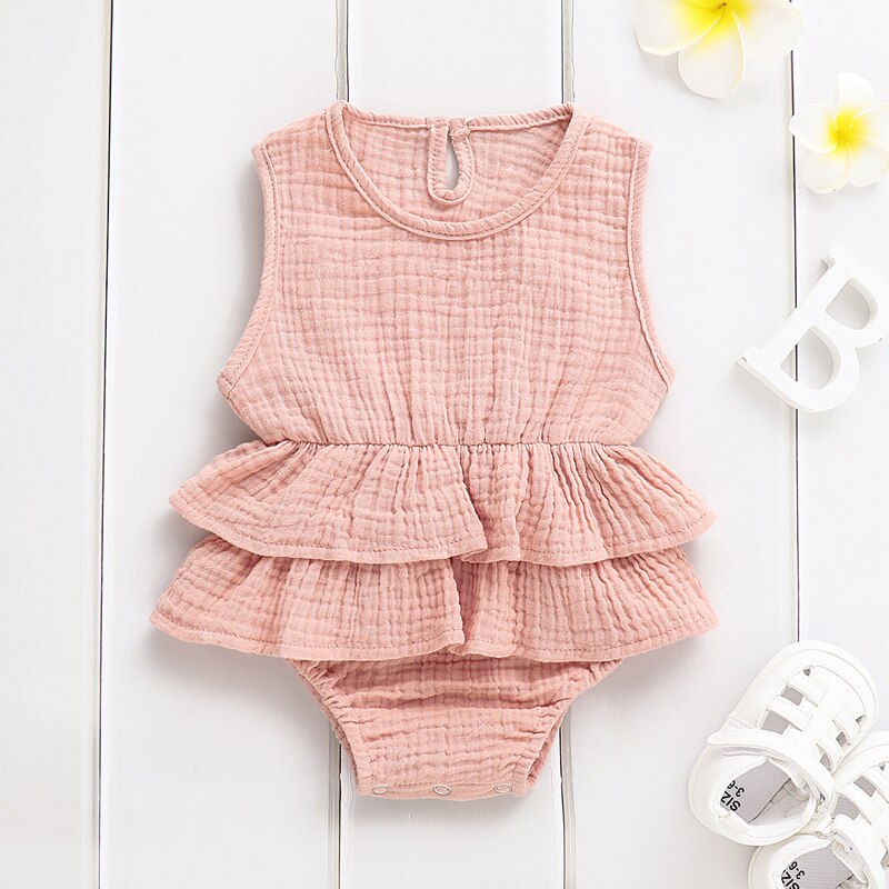 US Stock Cute Newborn Kid Baby Girl Clothes Sleeveless Bodysuit Dress Cotton&amp;Linen 1PC Outfit