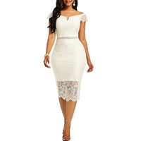 Women Sexy Floral Lace Elegant Dresses Knee Length Solid Color Sleeveless Irregular Hem Midi Dress