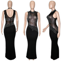 Sheer Mesh Patchwork Rhinestones Long Maxi Dress Women Sleeveless Turtleneck Floor Length Vestidos Sexy Transparent Xmas Dress