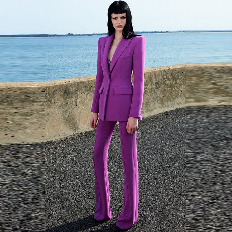 HIGH QUALITY Newest 2023 Runway Designer Suit Set Women's Single Button Blazer Flare Pants Suit Fluorescent Purple