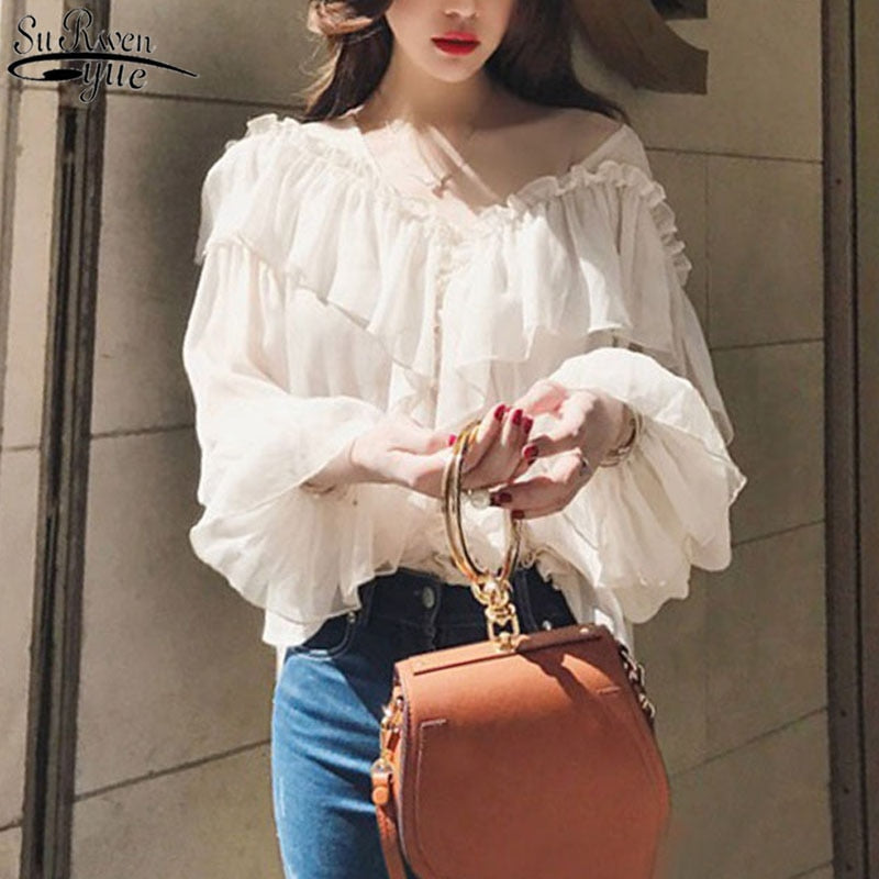 V-neck Sexy Shirts Women See Through Boho Mesh Blouse Summer Ruffle Flare Sleeve Elegant Peplum Tops Ruffles Ladies Blusas 13459