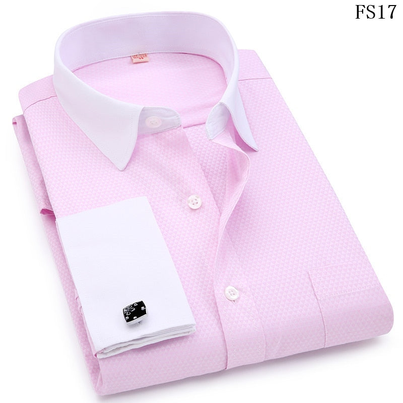 Men French Cufflinks Shirts White Collar Design Solid Color Jacquard Fabric Male Gentleman Dress Long Sleeves Shirt