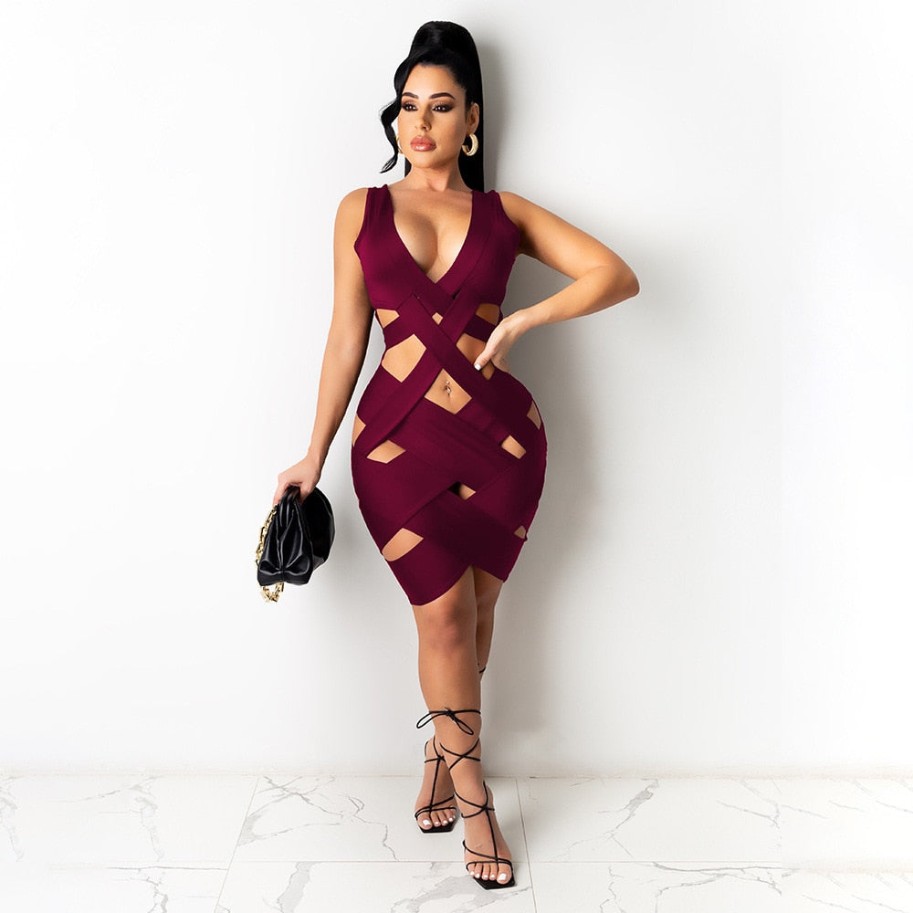 2021 Dress for Women Sexy Weave Deep V Neck Backless