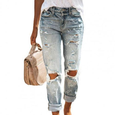 Women Sexy Jeans Mid Waist Ripped Holes Denim Pants Ladies Zipper Button Straight Pencil Jeans