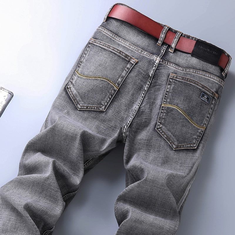 2021 New Classic Style Mens Grey Jeans Business Fashion Soft Stretch Denim Trousers Male Brand Fit Pants Black Blue