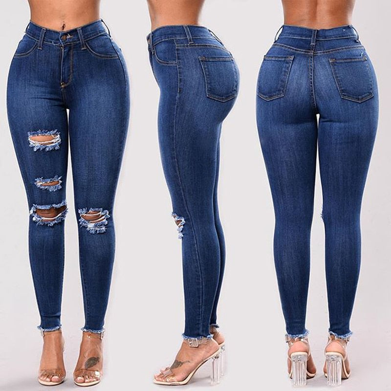 2020 Women Jeans  Newest Hot Stretch Skinny Ripped Hole Denim Female Slim High Waist