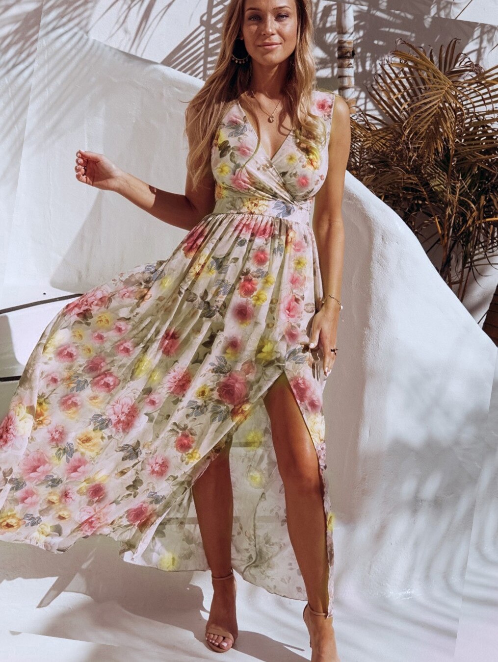 Summer Women Print V Neck Split Maxi Dress Floral Spaghetti Strap Elegant Party Chiffon Elegant Casual Beach Dresses Female