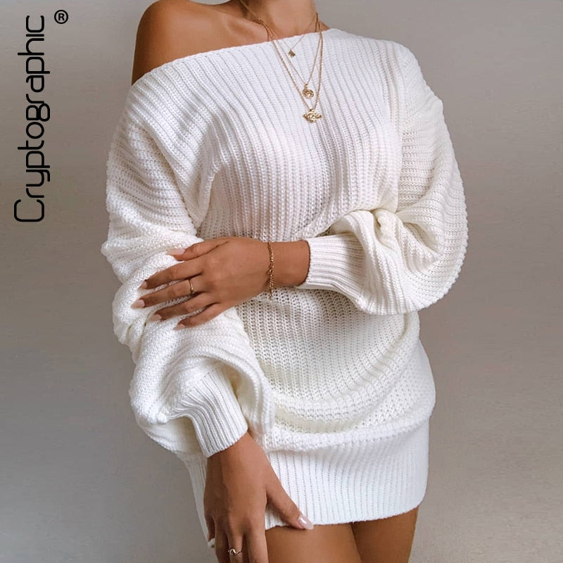 Cryptographic Casual Knitted Mini Dress Women Autumn Winter Sweaters Balloon Long Sleeve Knitwear Women&#39;s Dresses Loose Jersey