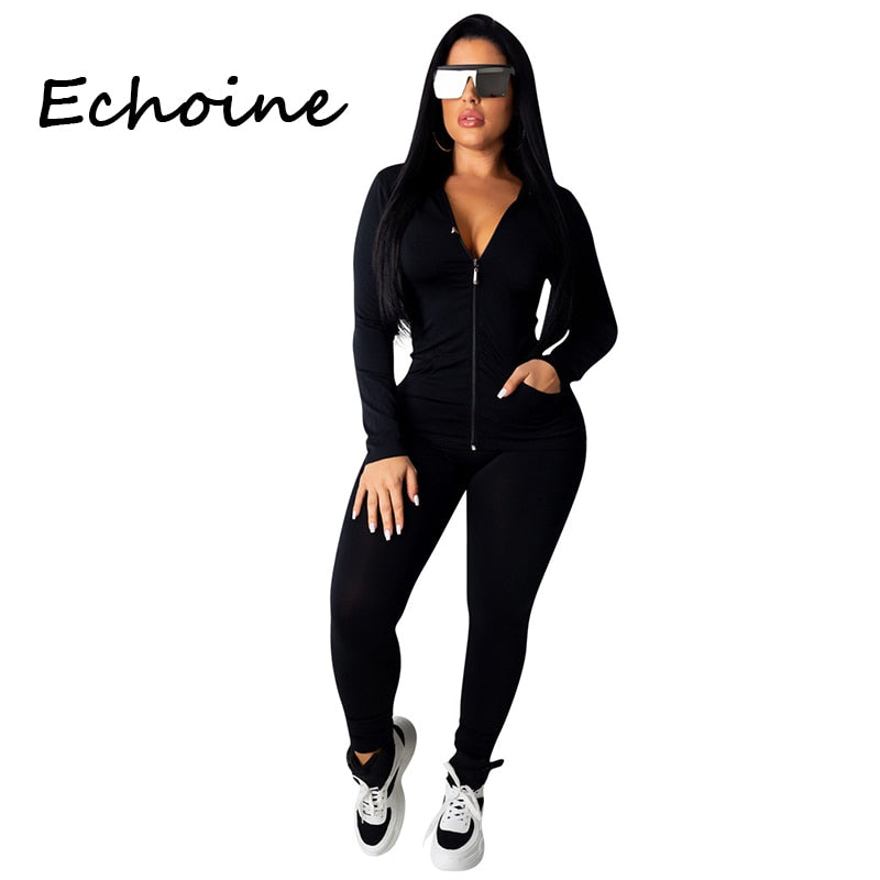 Fashion Hooded Two Piece Set Jogging Femme Zipper Top + Pants Suit Sportwear Tracksuit Women Outfits Solid 7 Color