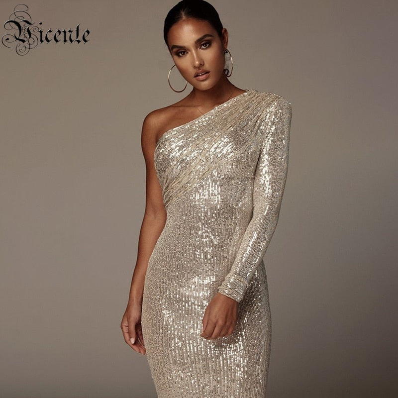 VC Free Shipping Sexy One Shoulder Dress Women Sparkle Glitzy Sequins Dress Mesh Patchwork Celebrity Christmas Party Vestidos