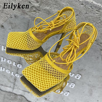 Eilyken 2023 New Sexy Mesh Pumps Sandals Female Square Toe High Heel Lace Up Cross-Tied Stiletto Hollow Dress Shoes