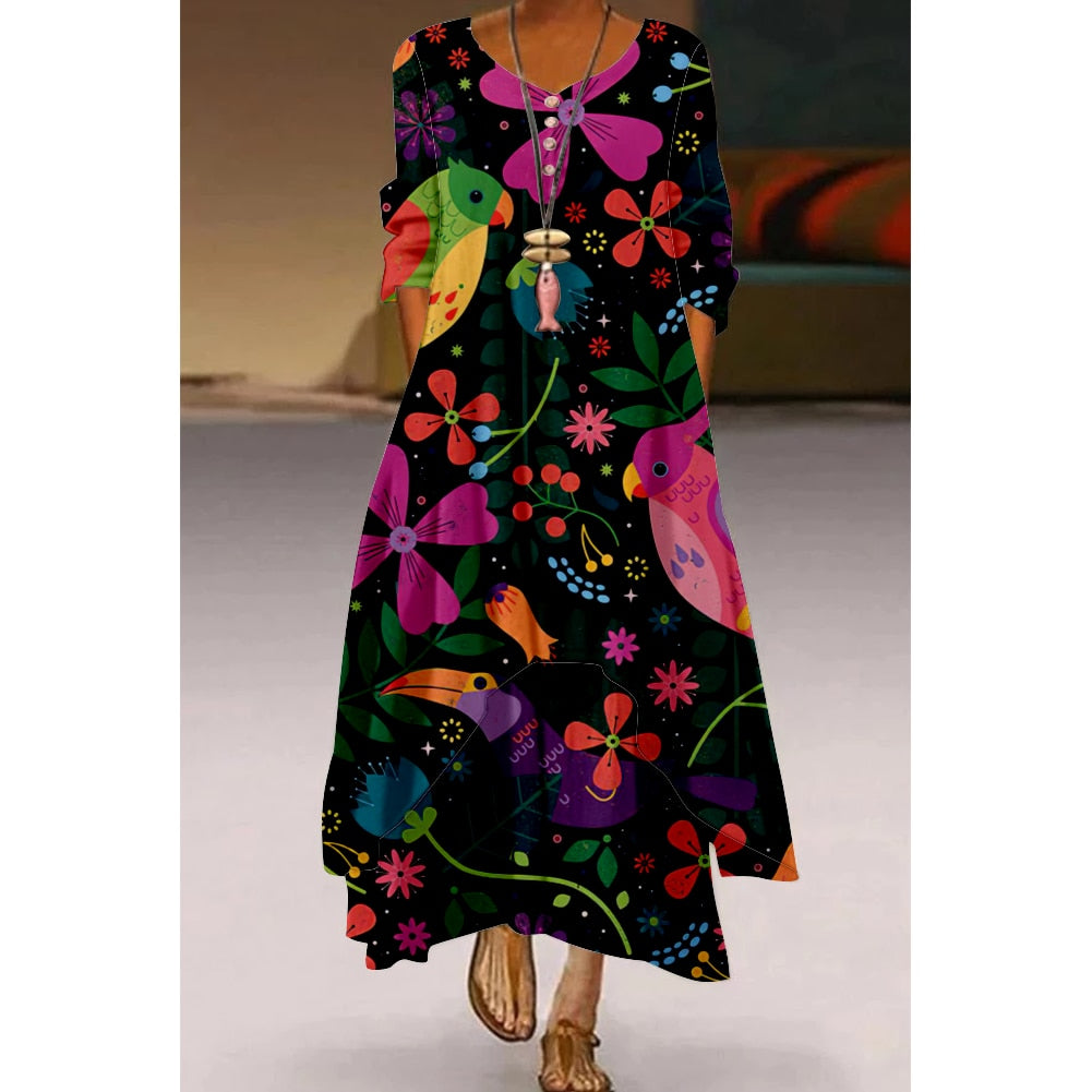 Floral Parrot Print Maxi Long Dress Women's Fashion Party Evening Dresses Sexy high Waist Robe Summer Long Sleeve Elegant Dress