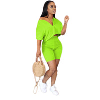 Casual Tracksuit 2 piece set  Crop Top + Pants  Short Sleeve Deep V-neck Summer Cloth For Women Outfits Solid 7 Color