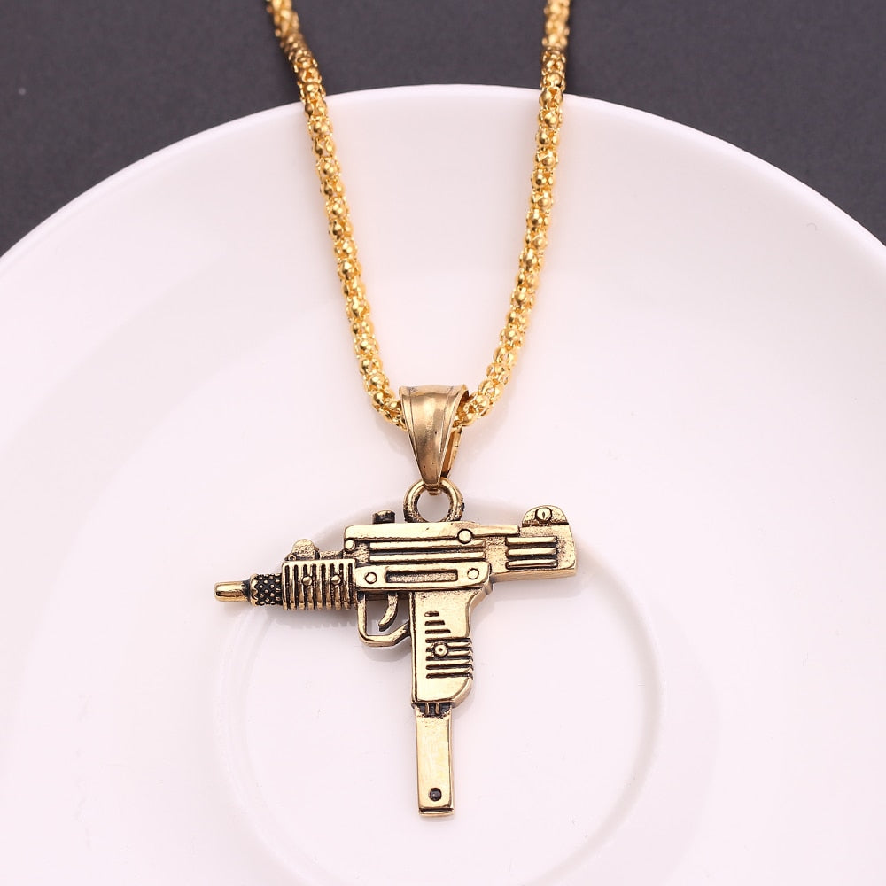 Cool Gothic Hip Hop UZI Kolye GUN Shape Pendant Necklace Gold Black Silver Color Army Style Male Chain Men Necklaces  Jewelry