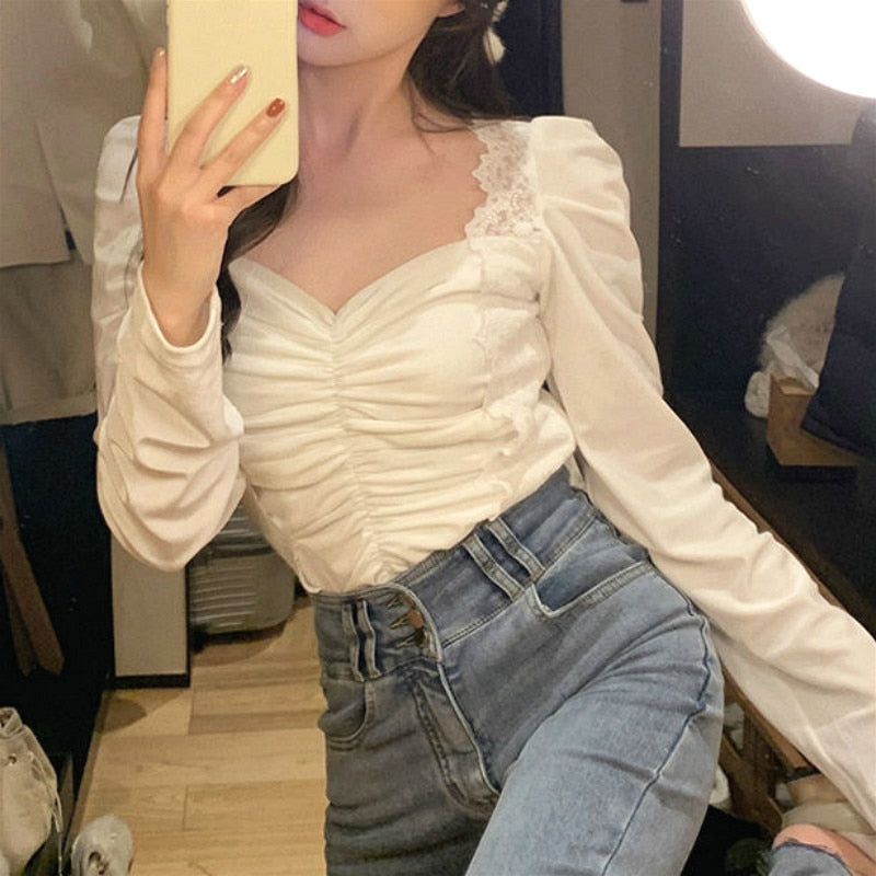 Sexy 2021 Spring New Lace Chiffon Blouse Women Long Sleeve Square Collar Korean Style