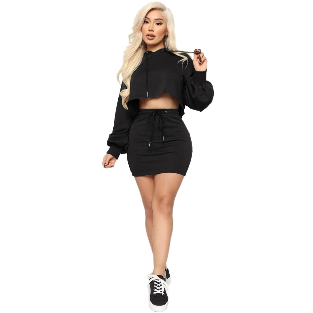 Sexy Women Hooded Skirt Two Piece Set Sweater Top +Mini Dress Tracksuit