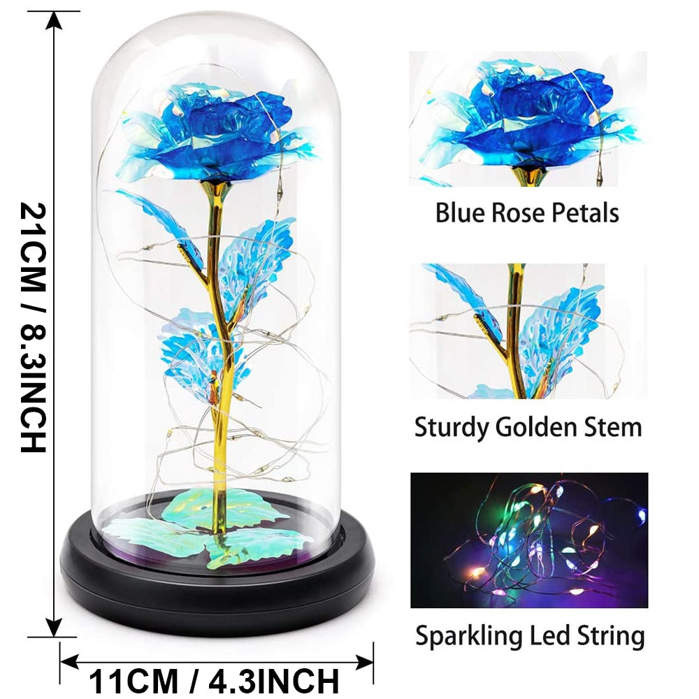 Artificial Eternal Rose LED Light Beauty The Beast In Glass Gold Foil Flower