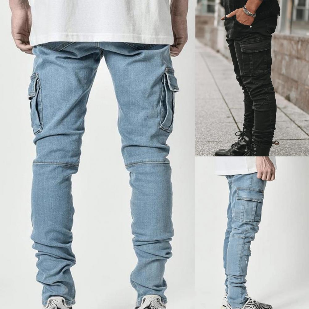 Summer Men Jeans Solid Color Multi Pockets Denim Mid Waist Stretchy Skinny Jeans Plus Size Fahsion Trousers Daily Wear