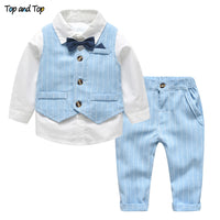 Top and Top Spring&Autumn Baby Boy Gentleman Suit White Shirt with Bow Tie+Striped Vest+Trousers 3Pcs Formal Kids Clothes Set