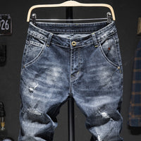 Biker Jeans Men Dark Blue Stretch Slim Fit Ripped Distressed Streetwear Denim Pants