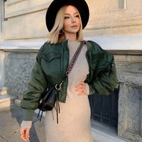 2020 stylish lady autumn winter green short jackets  zipper bomber jacket outwear