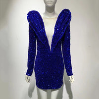 2022 Sexy Fashion High Quality Women&#39;s Blue Sequins Luxury Sexy V-neck Long Sleeve Dress