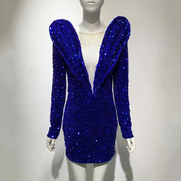 2022 Sexy Fashion High Quality Women&#39;s Blue Sequins Luxury Sexy V-neck Long Sleeve Dress