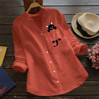 Women Cat Shirt Linen Blouse Long Sleeve Kawaii Blouses Tops Laple Pocket Down collared shirts Spring Woman Clothes