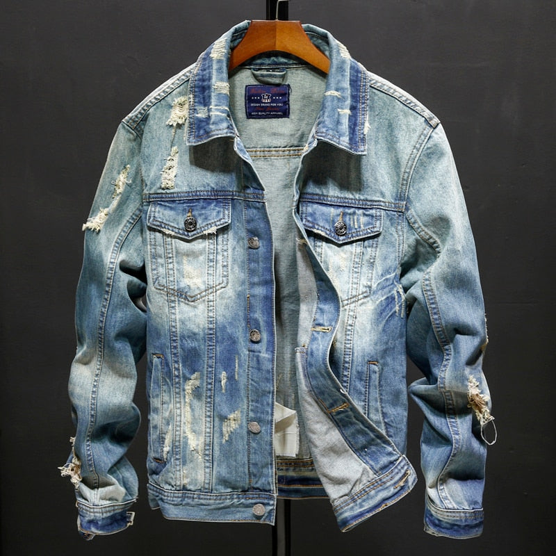 Spring and autumn Denim Jackets Men Cowboy Slim Fit Hole Jacket Men's Ripped Jean Jacket Hip Hop Streetwear Coats Plus size 5XL