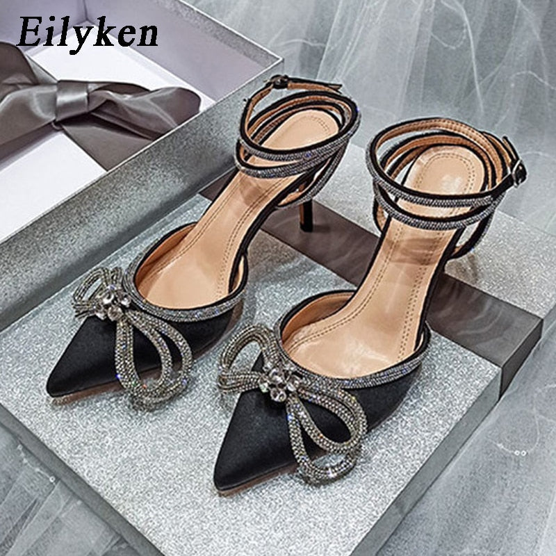 Eilyken Style Glitter Rhinestones Silk Women Pumps Crystal Bowknot Satin Spring Autumn Lady High Heels Party Prom Shoes