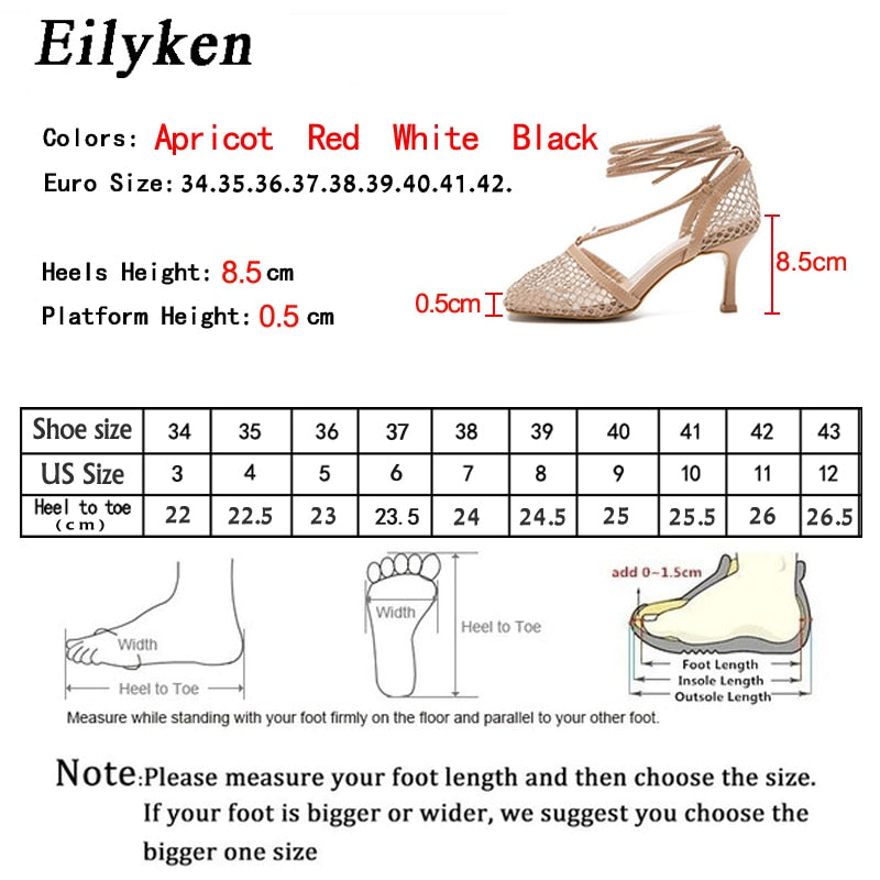 Eilyken Summer Autumn Sexy Mesh Pumps Sandals Female Square Toe High Heel Lace Up Cross-tied Stiletto Hollow Dress Stripper Shoe