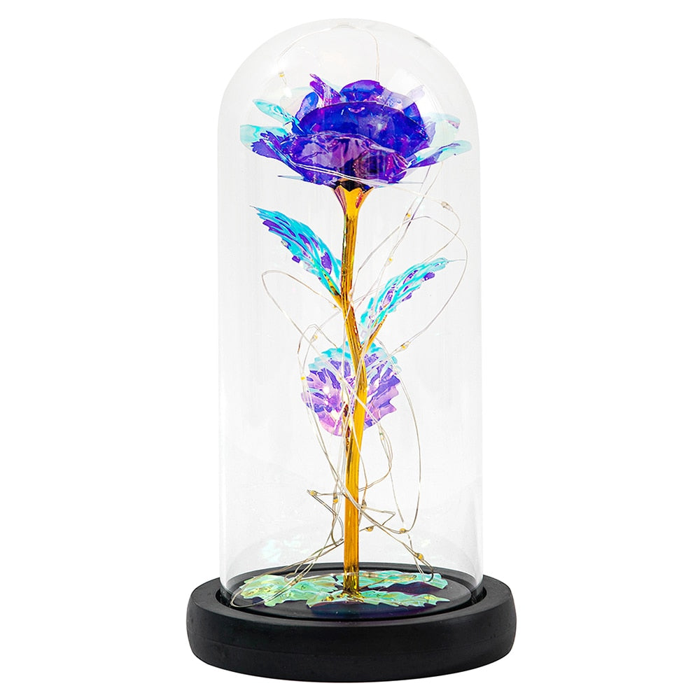 Artificial Eternal Rose LED Light Beauty The Beast In Glass Gold Foil Flower