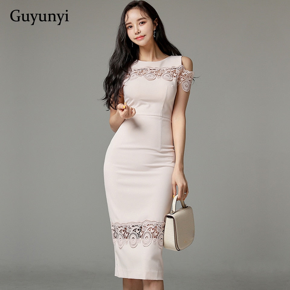 Pink Office Elegant Dress 2022 Summer Temperament Hollow Decorative Lace Stitching High Waist Tight Party Women's Dresses