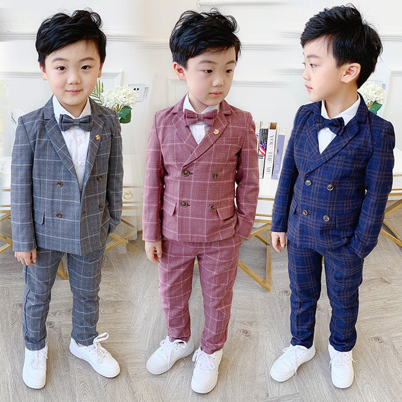 Flower Boys Formal Dress Suit Set Autumn Children Plaid Double Breasted Blazer Pants 2Pcs Clothes Set Kids Wedding Party Costume