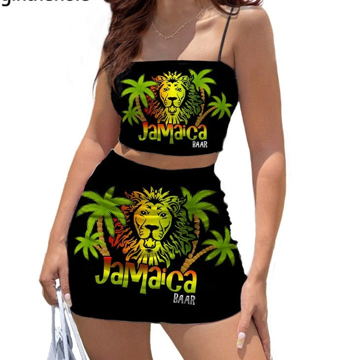 Lion Print Jamaica Flag Pattern Sexy Stylish Women Mini Dress Halter Spaghetti Strap