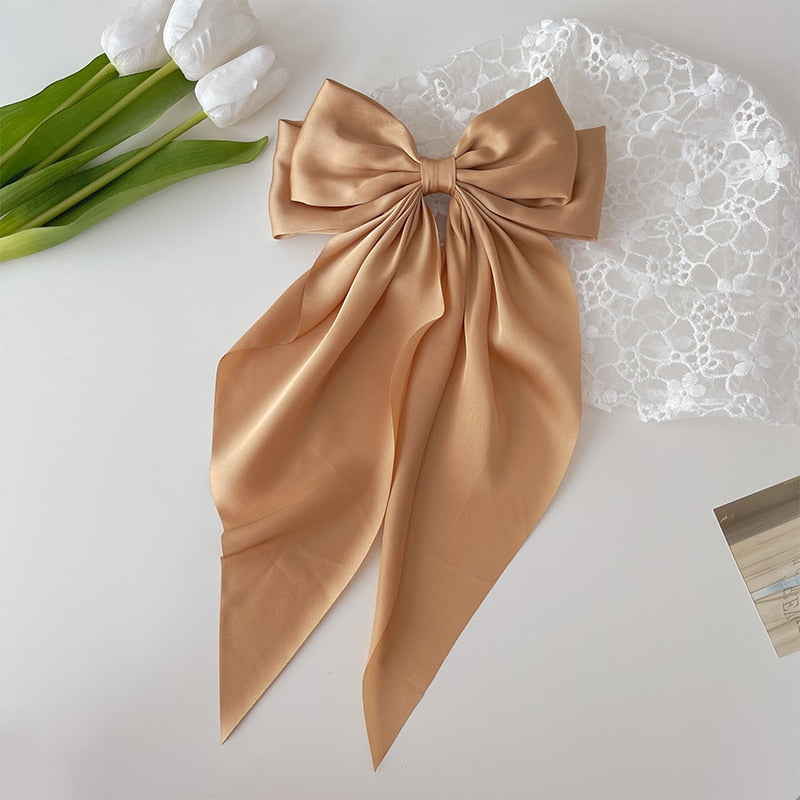 Solid Color Big Large Satin Bow Hairpins Barrettes For Women Girl Wedding Long Ribbon Korean Hair Clip Hairgrip Hair Accessories