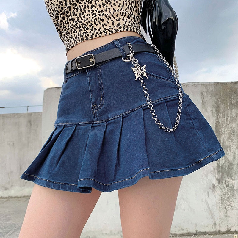 Sexy y2k Pink Denim Pleated Skirts Mini Solid Casual Woman Fashion Korean Style High Waist Skirt