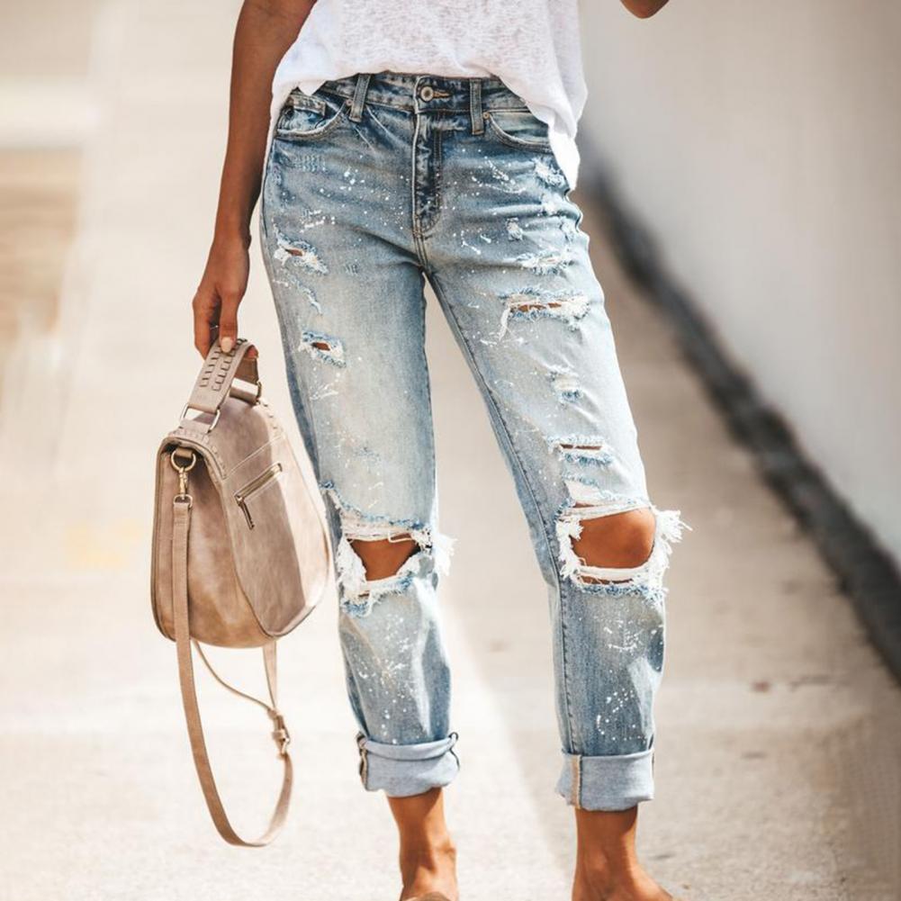 Women Sexy Jeans Mid Waist Ripped Holes Denim Pants Ladies Zipper Button Straight Pencil Jeans